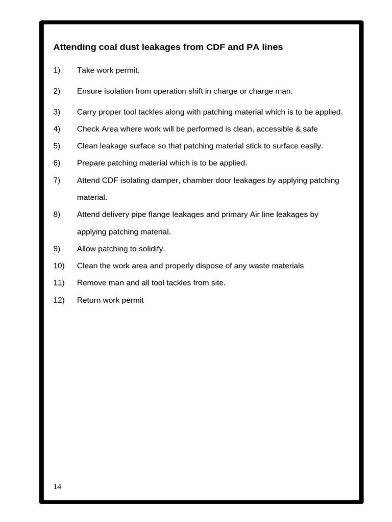 Coal Dust Leakage Repair Procedure | PDF