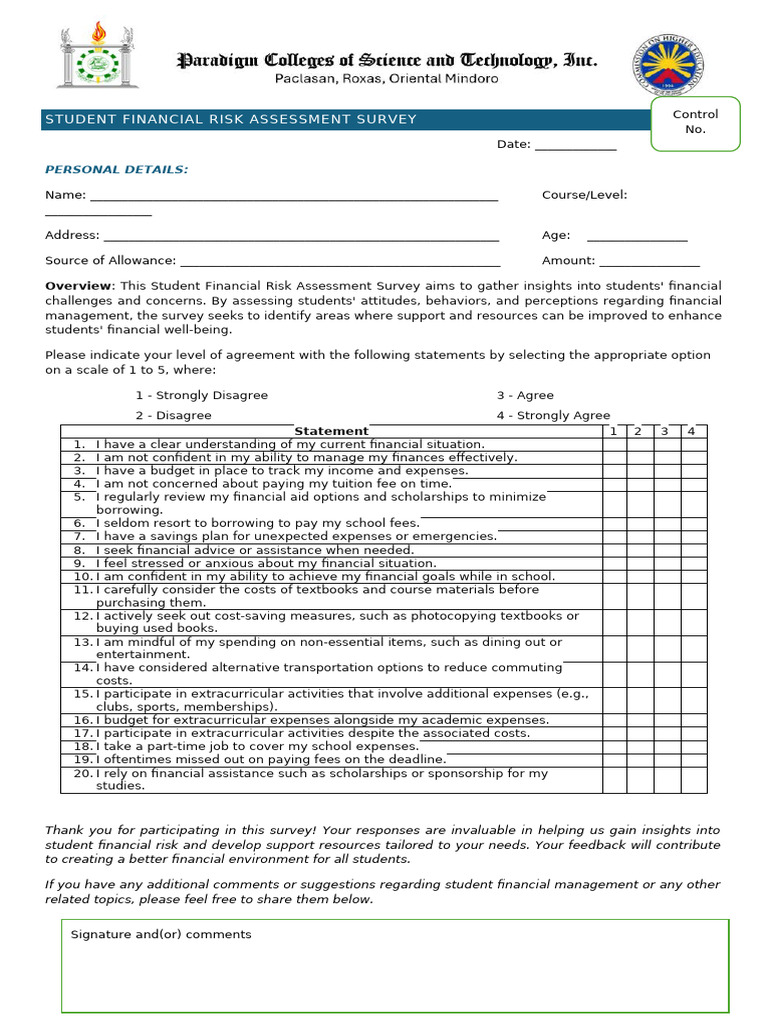 Student Financial Risk Assessment Survey | PDF | Expense | Risk