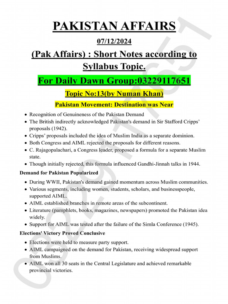 Pakistan Affairs Short Notes Topic No 13 by 03229117651 | PDF