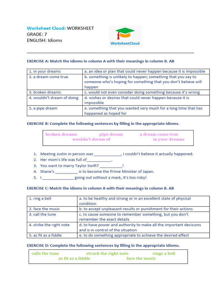7th Grade English Idioms Worksheet | PDF