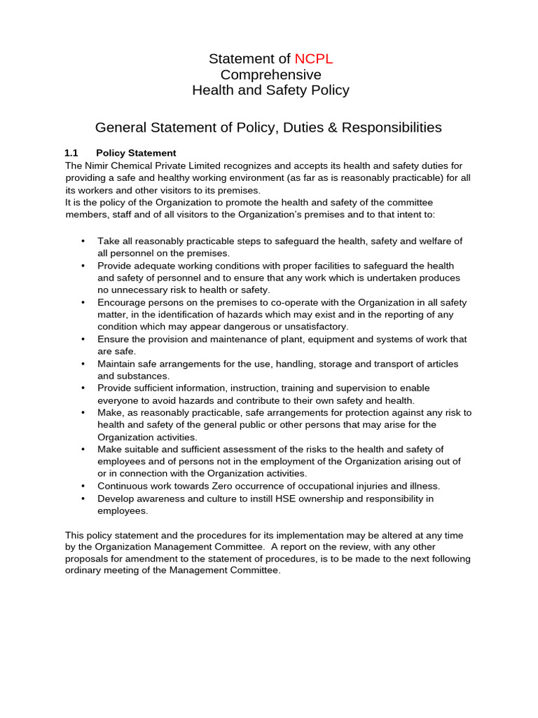 Comprehensive Health and Safety Policy Nimir | PDF | Occupational ...