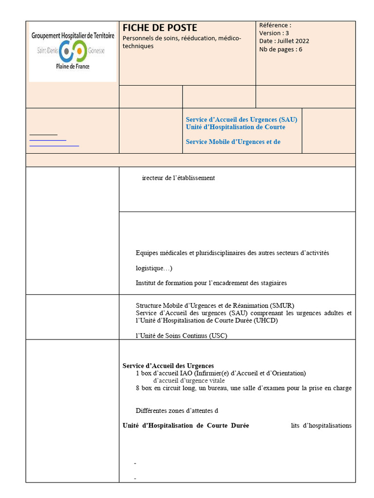Fiche de poste : Infirmier(ère) aux urgences | PDF | Hôpital | Accueil ...