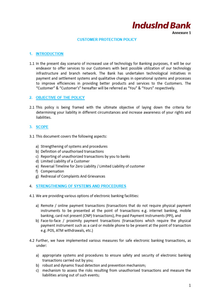 Customer Protection Policy | PDF | Banks | Financial Transaction