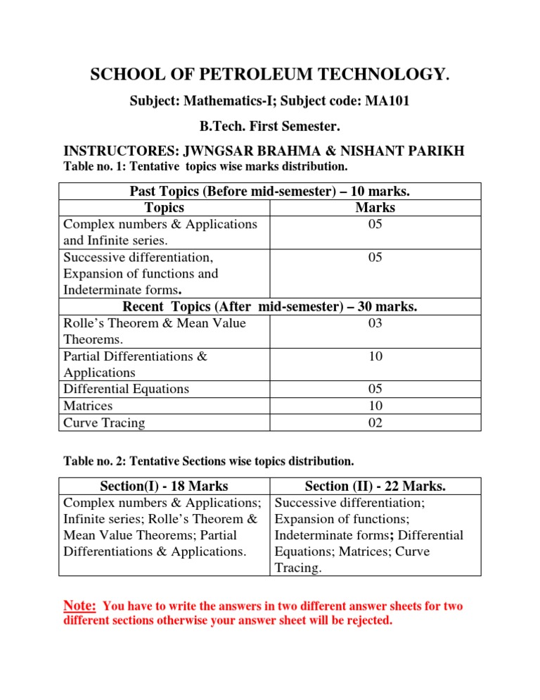 B.Tech Math-I Exam Guide | PDF | Technology & Engineering
