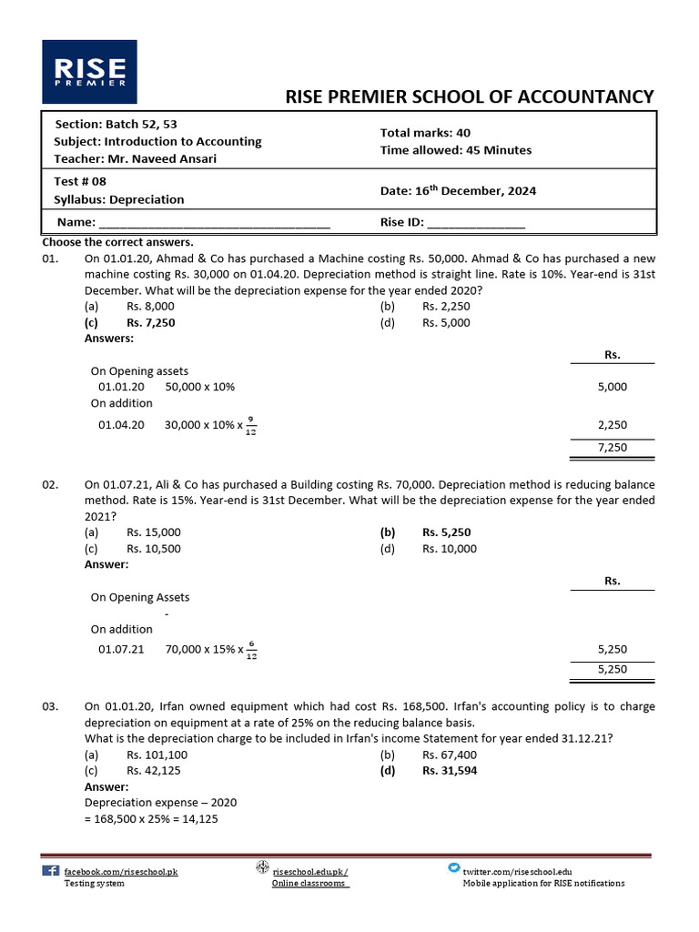 Test # 08 Solution | PDF | Depreciation | Expense