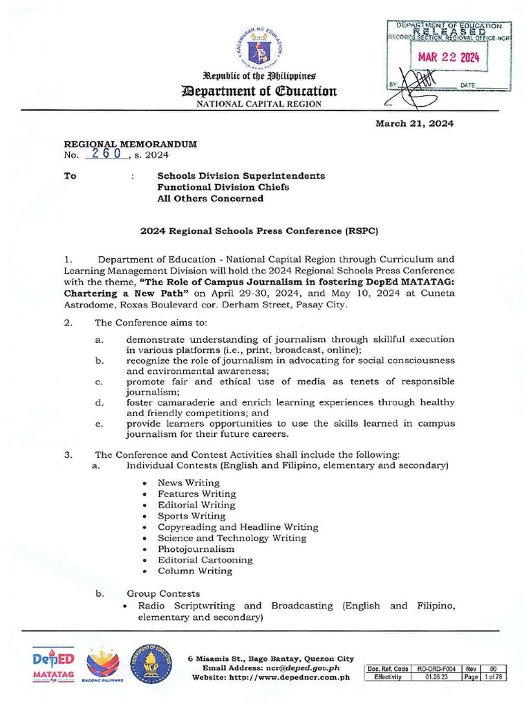 RM No. 260 S. 2024 2024 Regional Schools Press Conference RSPC | PDF