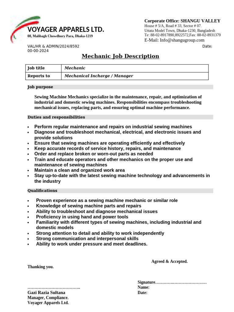 Sewing Machine Mechanic Job Description | PDF
