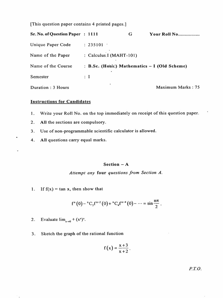 B sc hons i mathematics i old scheme calculus i math 101 1111