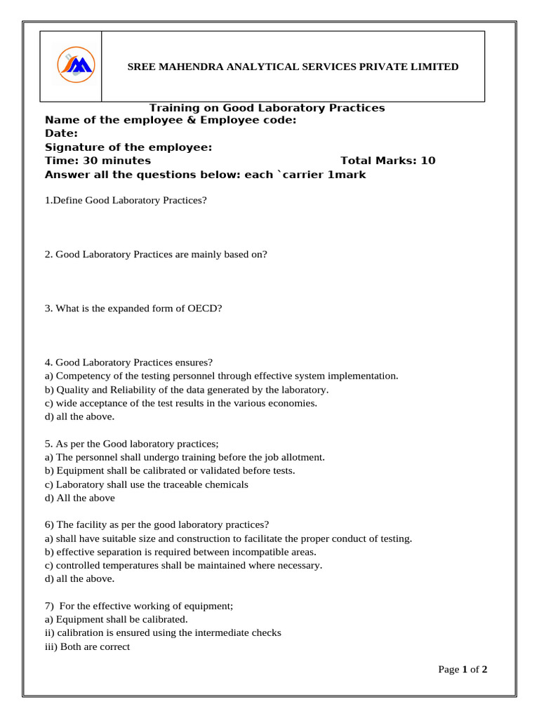 Good Laboratory Practices Training Quiz | PDF