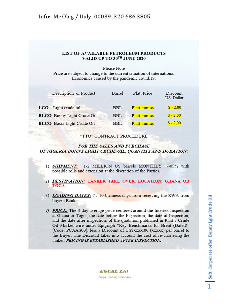Sco Bonny Light Crude Oil Procedure Tto | PDF | Barrel (Unit) | Oil Tanker