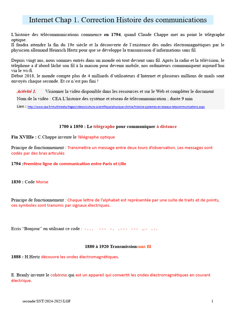 Chap1 Correction Histoire Des Communications | PDF | Télécommunications ...
