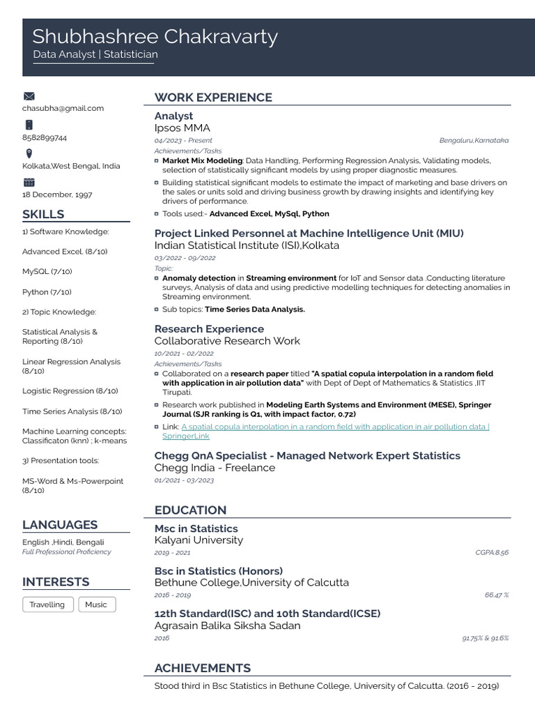 Data Analyst Resume of Shubhashree Chakravarty | PDF | Statistics ...