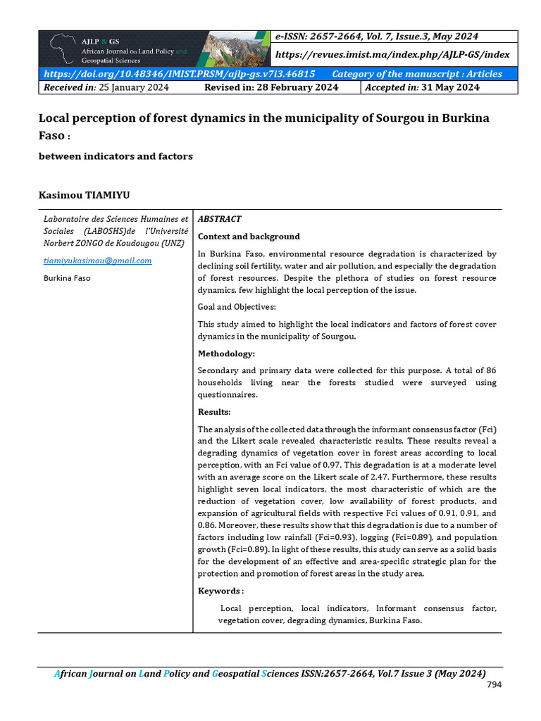 Local Perception of Forest Dynamics in The Municipality of Sourgou in ...