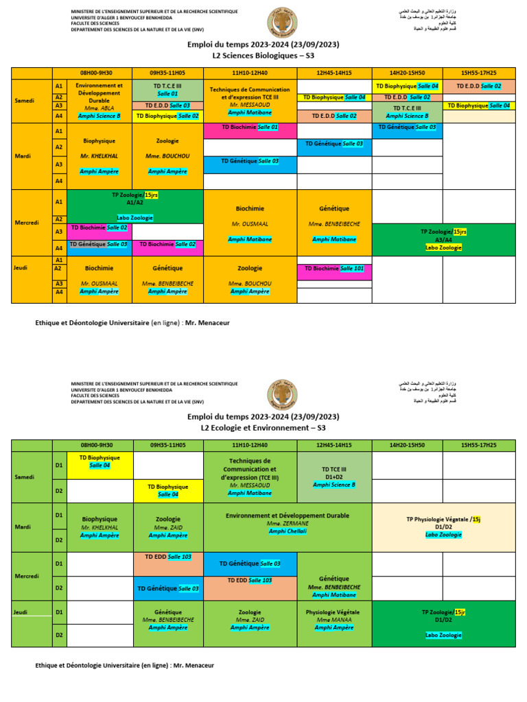 Emploi du Temps L2 SNV 2023-2024 | PDF