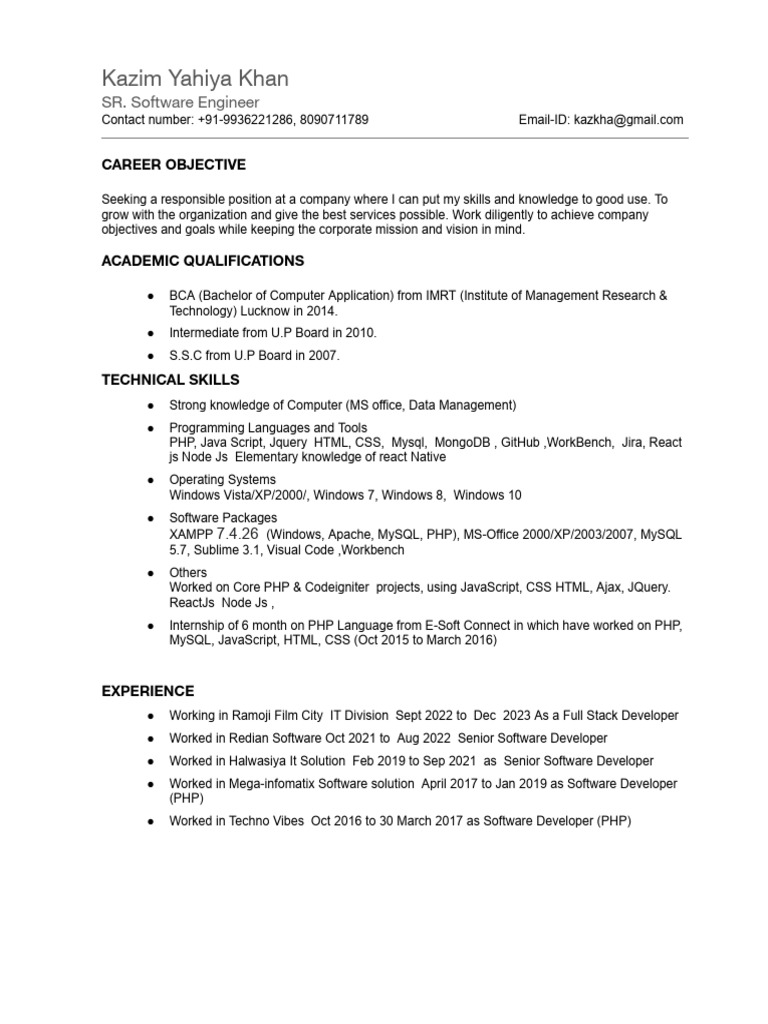 Kazim Yahiya Khan - Software Engineer Resume | PDF | Java Script ...