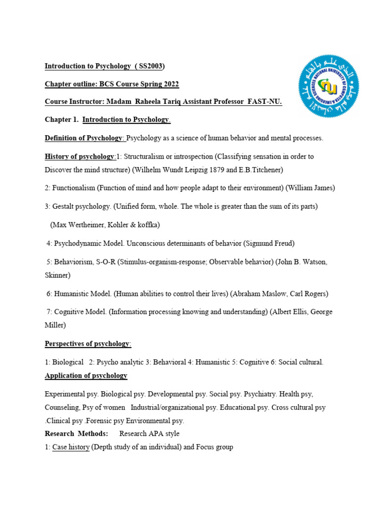 2022 - Course Outline - Spring - Psychology | PDF | Psychology | Mental ...