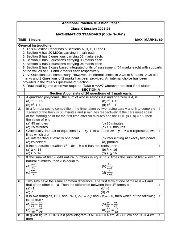 Class X Mathematics Question Paper 2023-24 | PDF | Sphere | Area