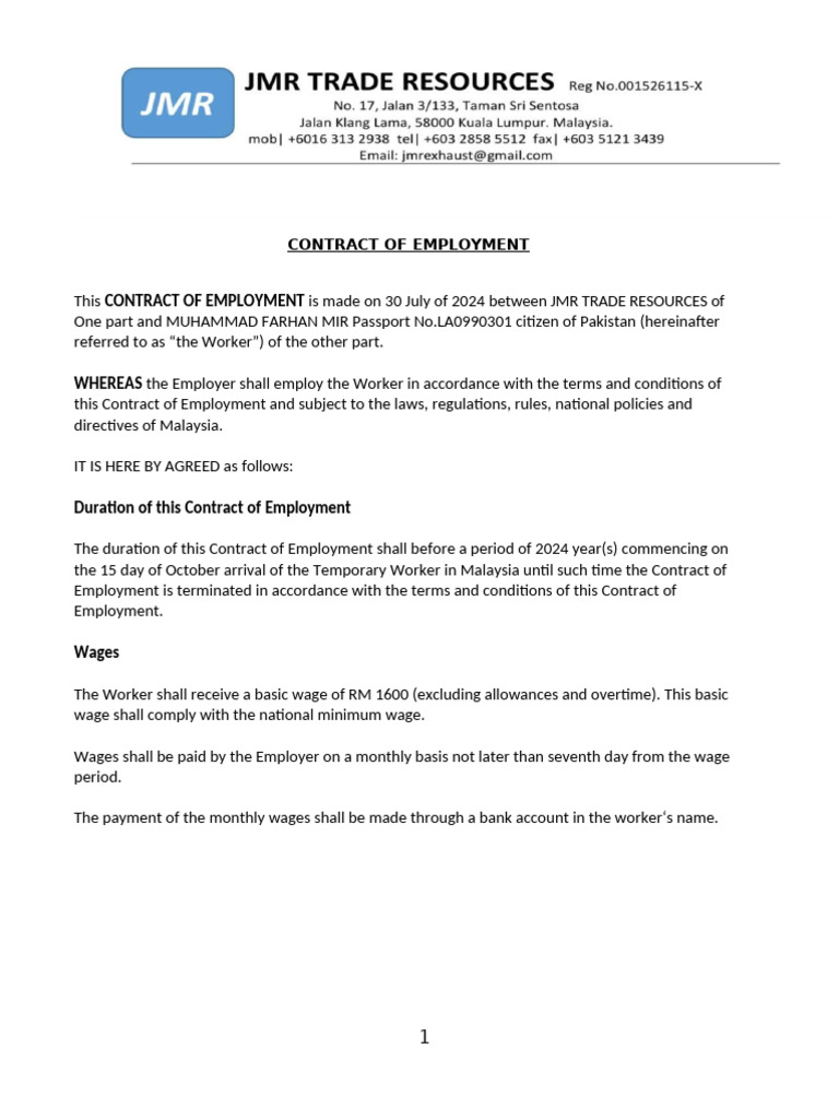 Employment Contract for Malaysian Worker | PDF | Employment | Labour Law