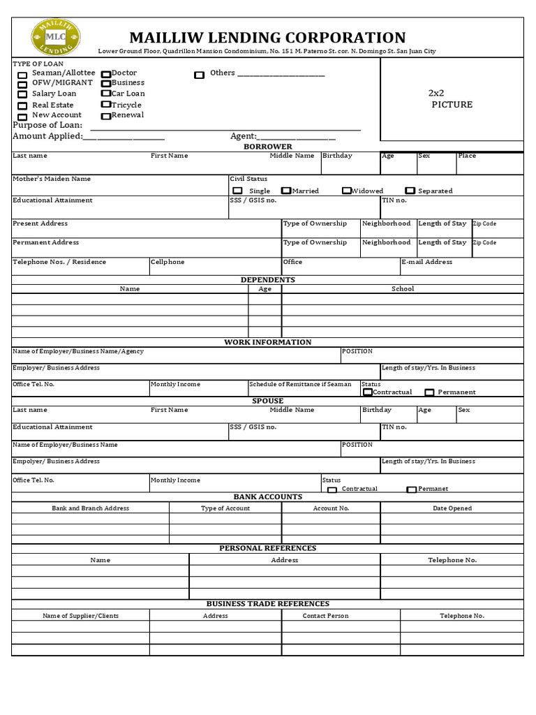 Mailliw Lending Corporation Loan Application | PDF | Loans | Identity ...