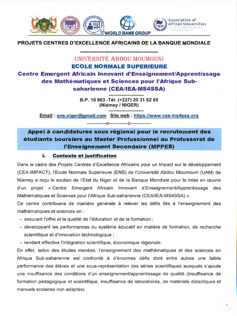 Appel à Candidature Pour Master Prof Au Professorat de l'Enseignement ...