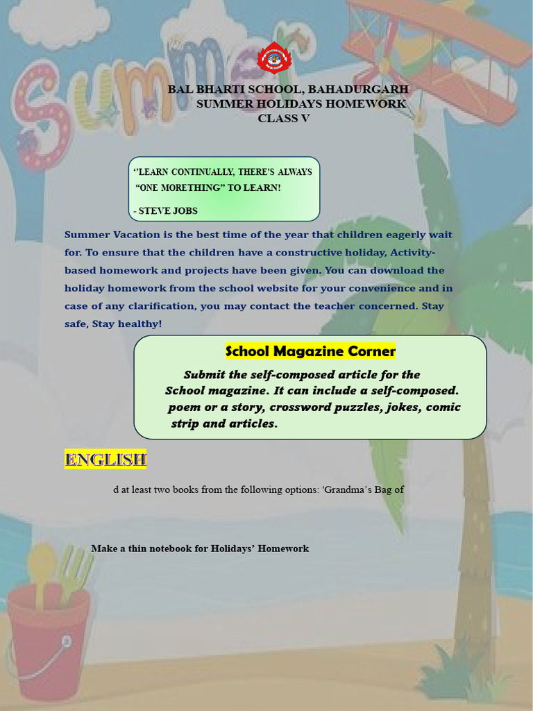 Class V Summer Homework Activities | PDF
