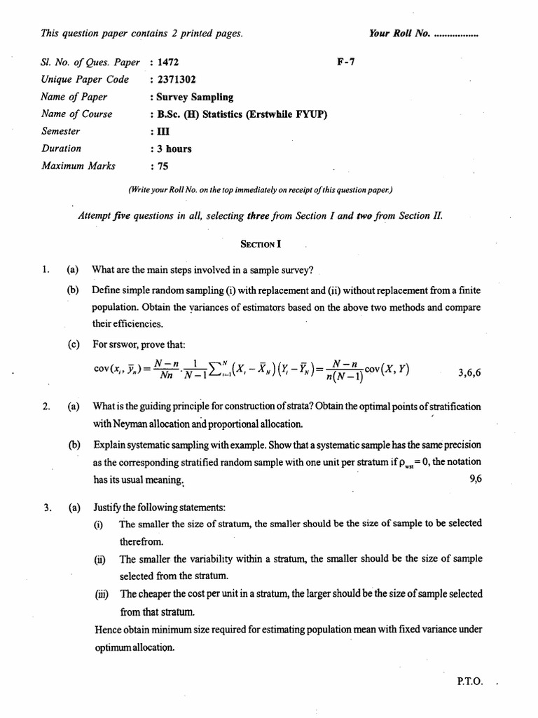 B.SC (H) Iii Statistics (Erstwhile Fyup) - Iii Survey Sampling-1472 | PDF