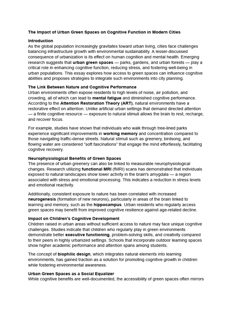 Urban Green Spaces and Cognitive Health | PDF | Cognition | Attention