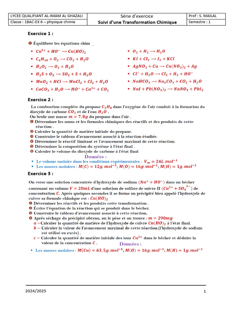 Exercices Corrigés Physique Chimie 1BAC | PDF