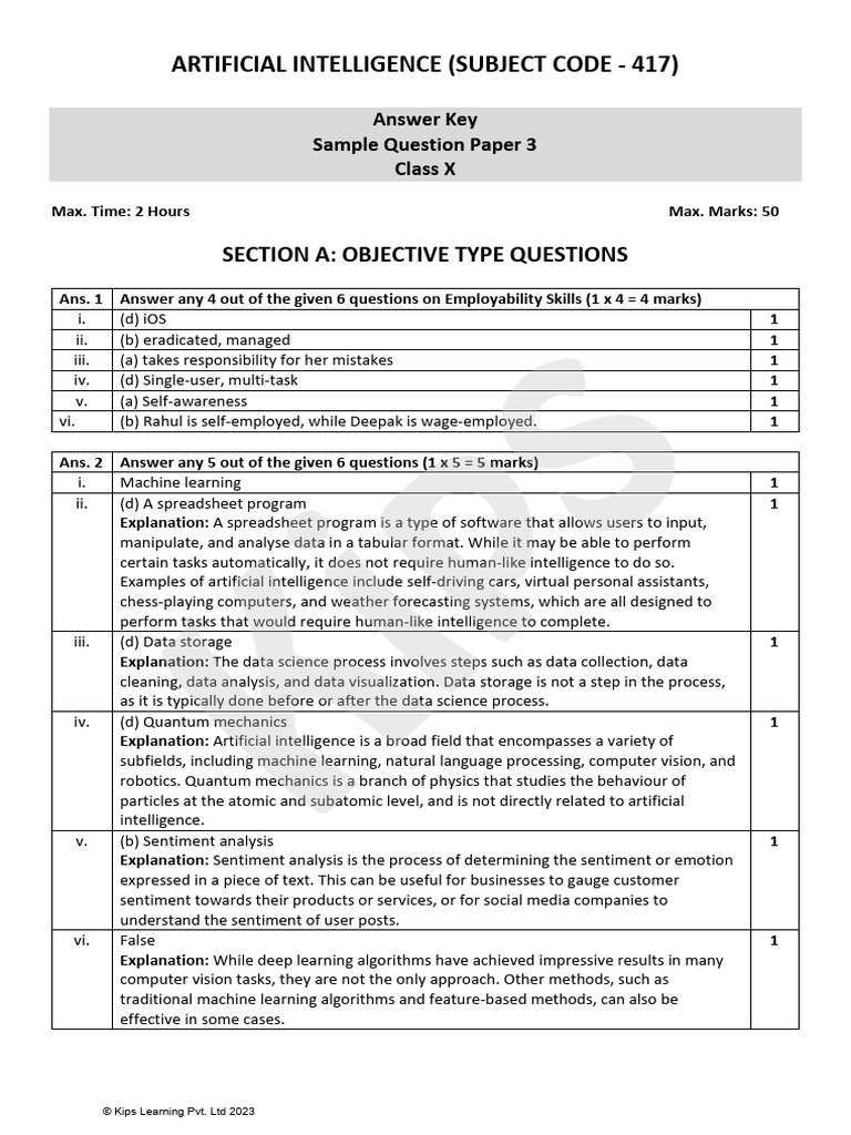 AI Sample Paper Answer Key for Class X | PDF | Machine Learning ...