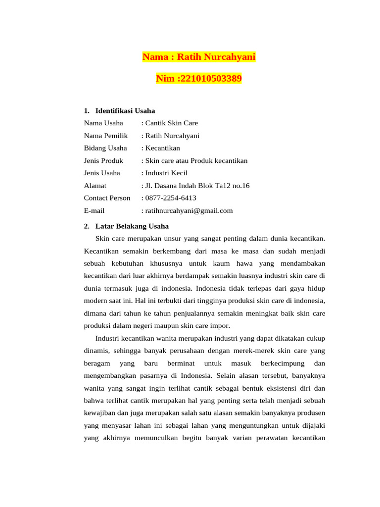Proposal Usaha Cantik Skin Care | PDF