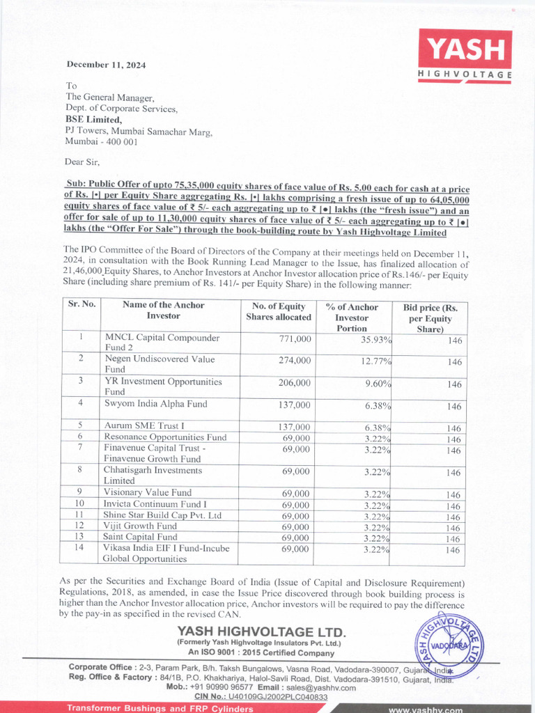 Yash HighVoltage AnchorAllocationReport | PDF | Business | Investing