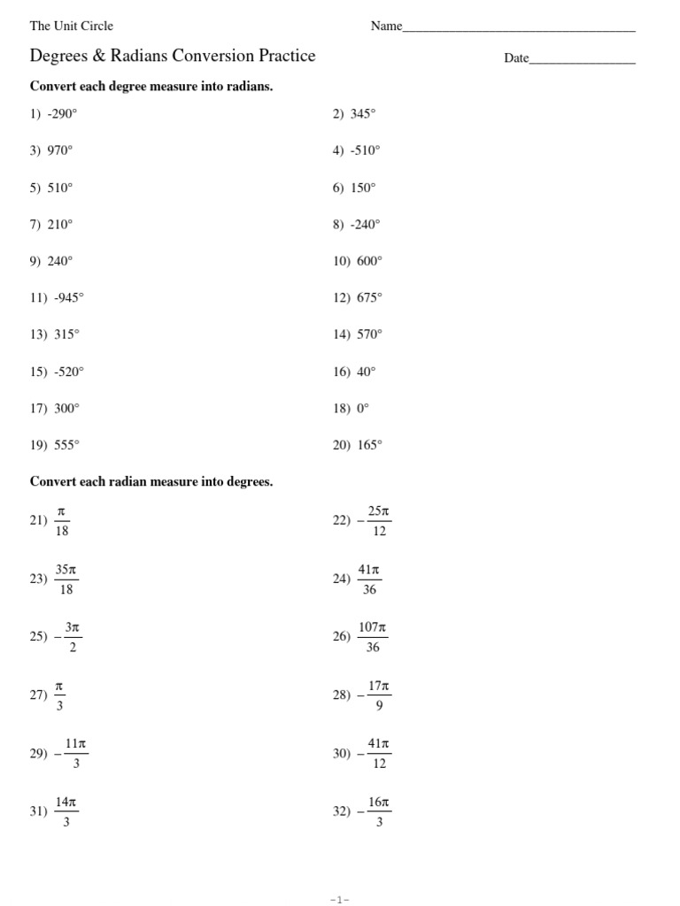 Degrees to Radians Conversion Worksheet | PDF | Mathematical Notation ...