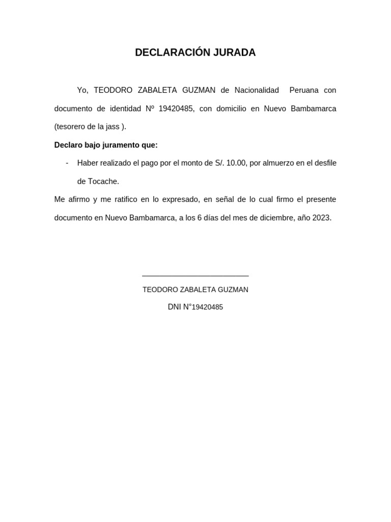 DECLARACION JURADA | PDF | Documento de identidad | Autenticación