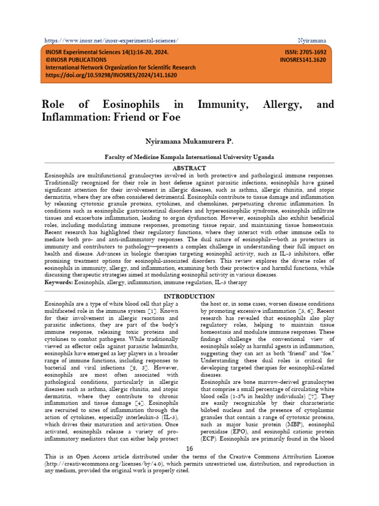Role of Eosinophils in Immunity, Allergy, and Inflammation: Friend or ...