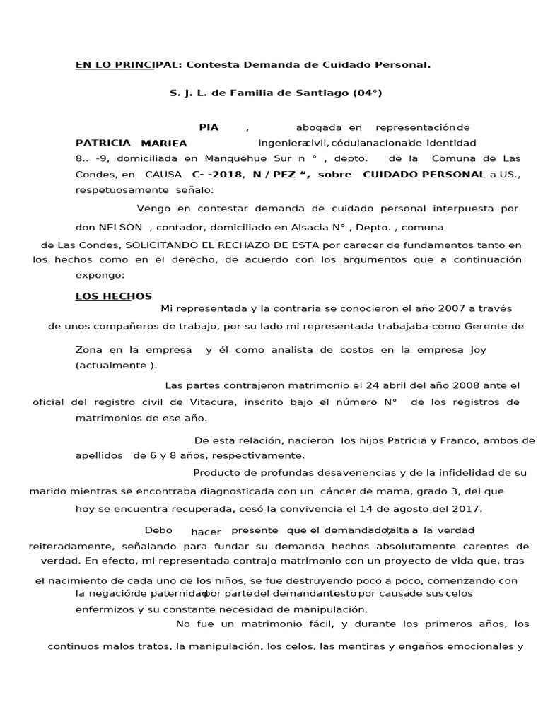 Contestación a Demanda de Cuidado Personal | PDF | Terapia | Celos