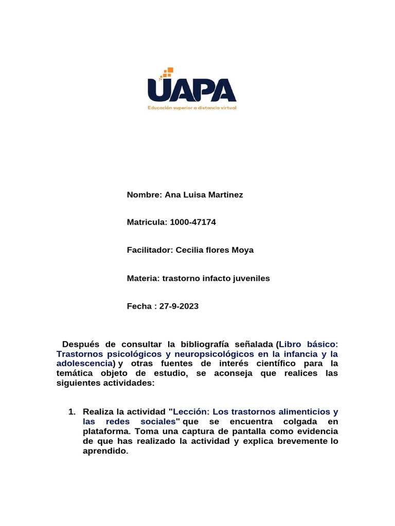 Tarea 8 Trastorno Infacto Juveniles | PDF | Desorden alimenticio ...