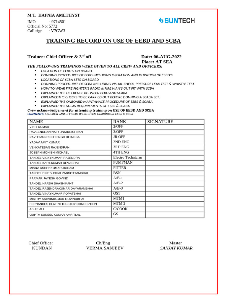 EEBD and SCBA Training Record | PDF