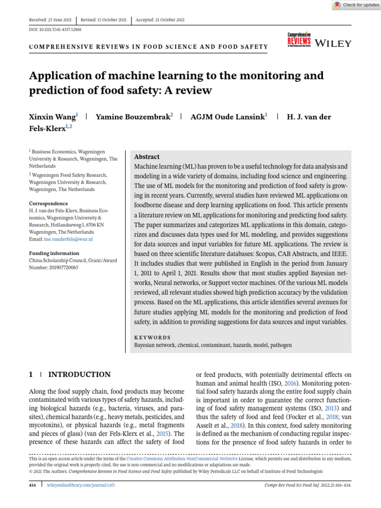 Comp Rev Food Sci Food Safe - 2021 - Wang - Application of Machine ...