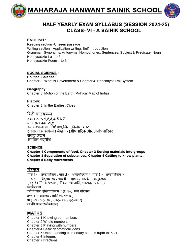 Class - Vi SS Syllabus | PDF