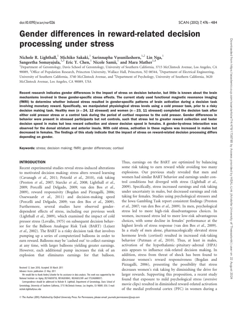 Gender Differences in Reward-related Decision Processing Under Stress ...