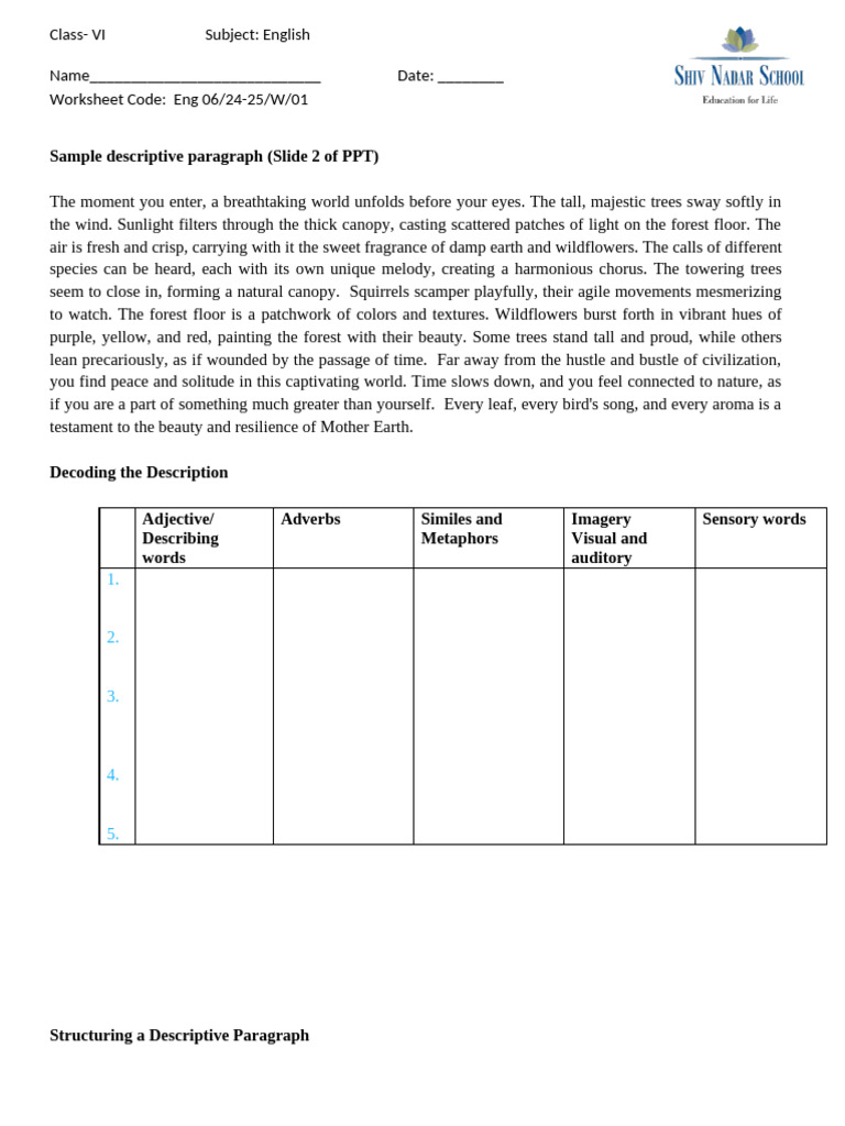 Descriptive Writing Worksheet for Kids | PDF | Linguistic Morphology ...