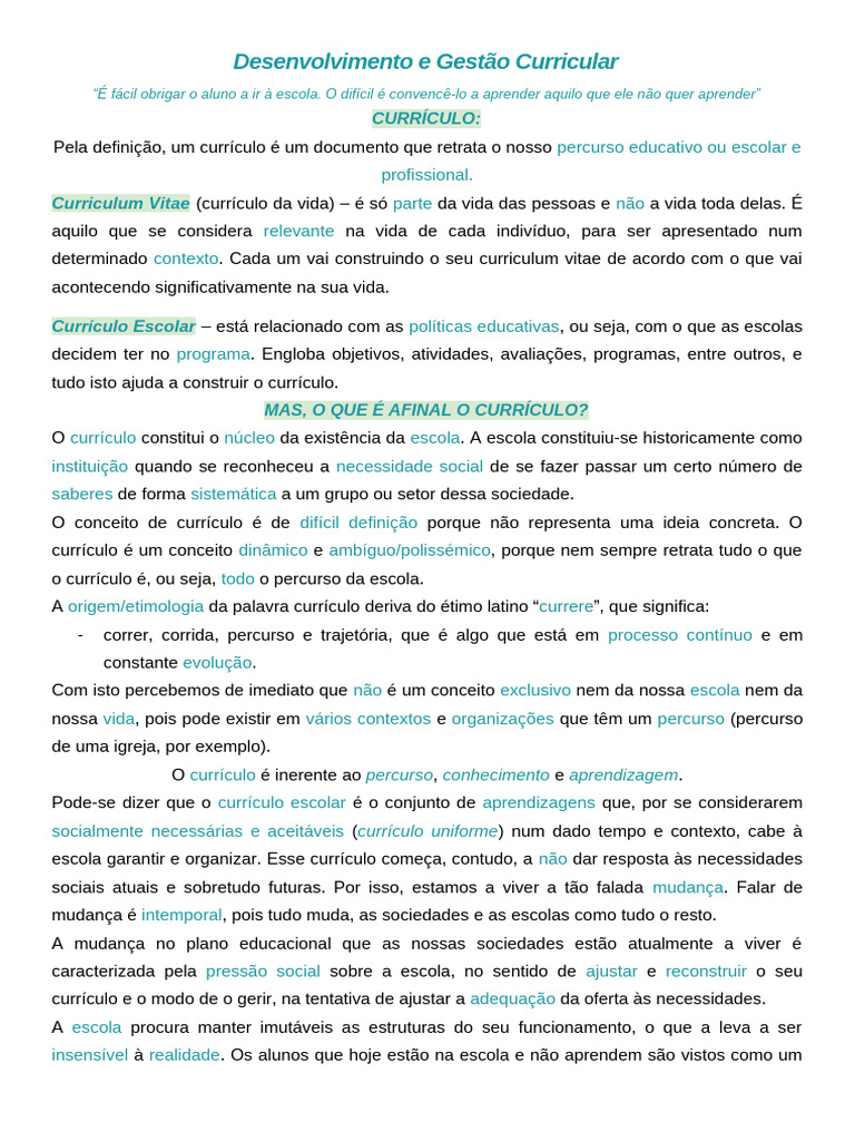 Gestão e Desenvolvimento do Currículo Escolar | PDF | Aprendizado ...