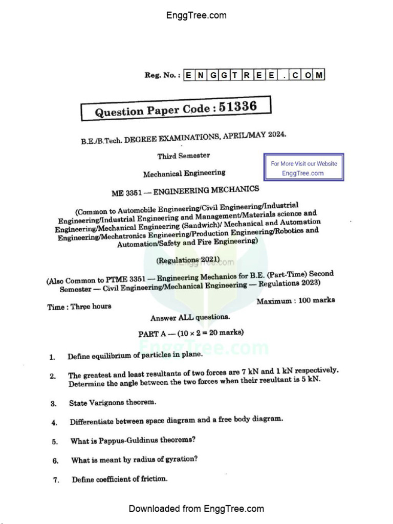 ME3351 Engineering Mechanics Apr May 2024 Question Paper Download | PDF