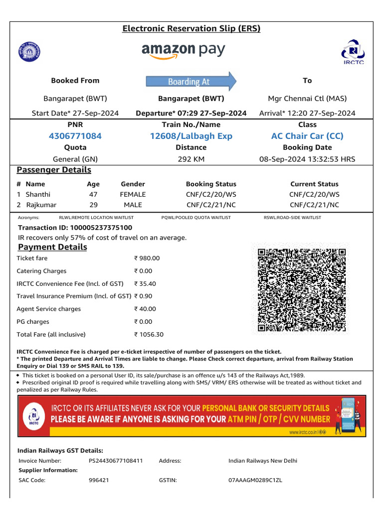 IRCTC Ticket Payment Summary | PDF | Identity Document | Payments
