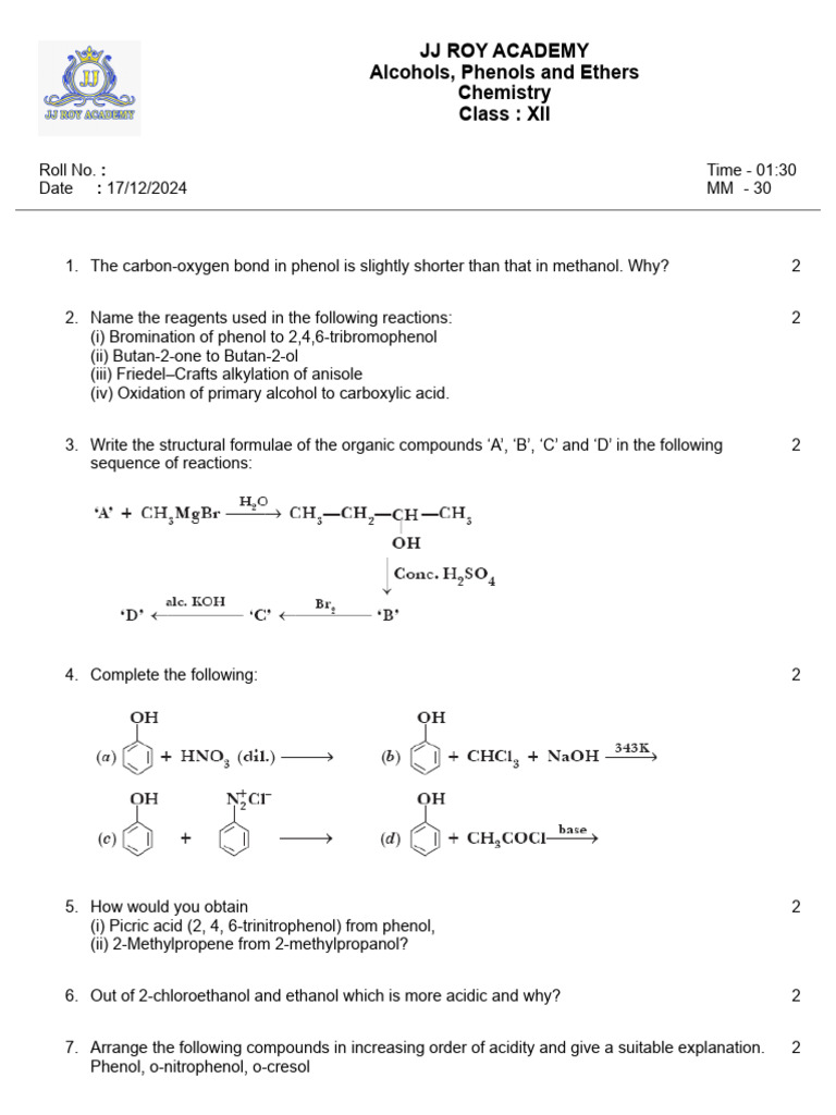 12th Che Alcohols, Phenols and Ethers Q | PDF | Ether | Methyl Group