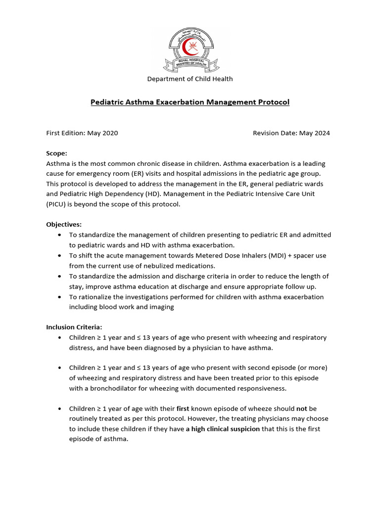 Pediatric Asthma Exacerbation Protocol | PDF | Asthma | Clinical Medicine