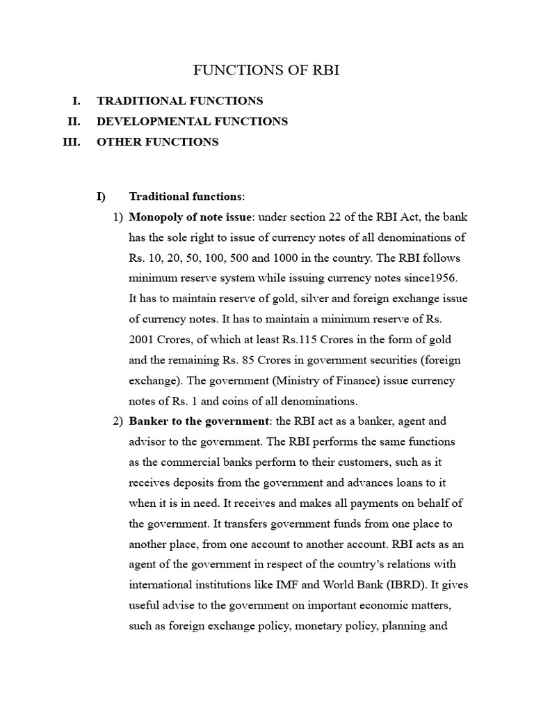 Functions of Rbi | PDF | Reserve Bank Of India | Banks