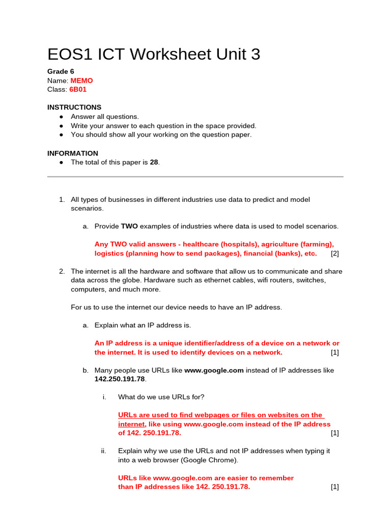Grade 6 ICT Worksheet on Data and Networks | PDF | Computer Network ...