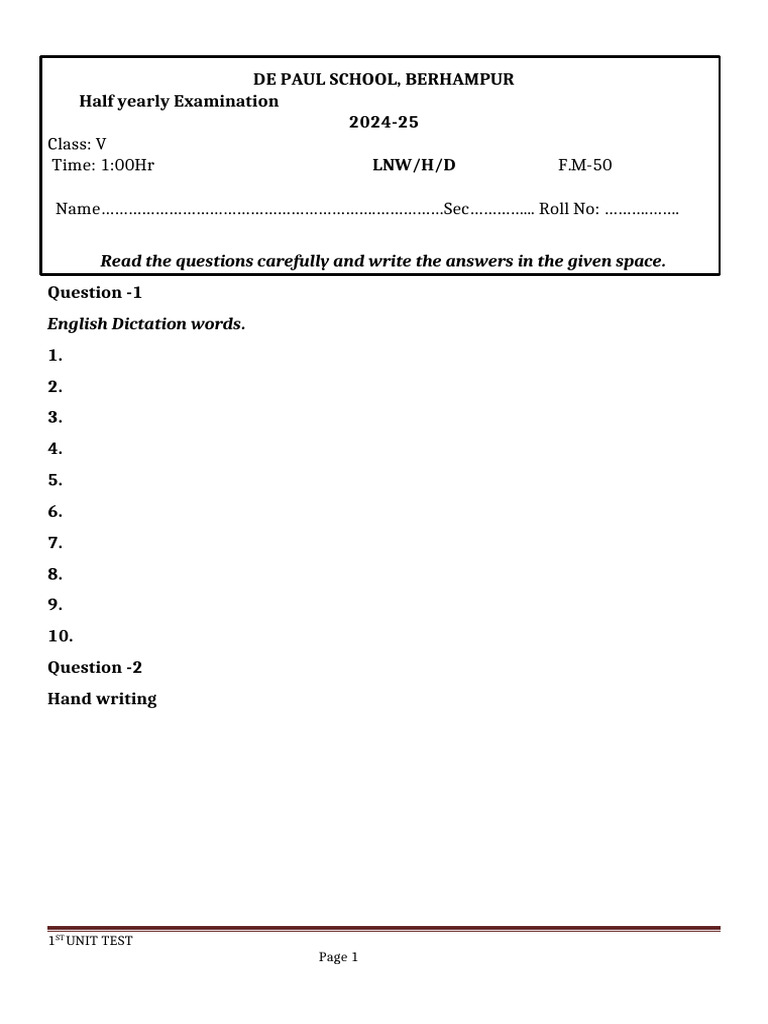De Paul School Class V Exam Paper | PDF