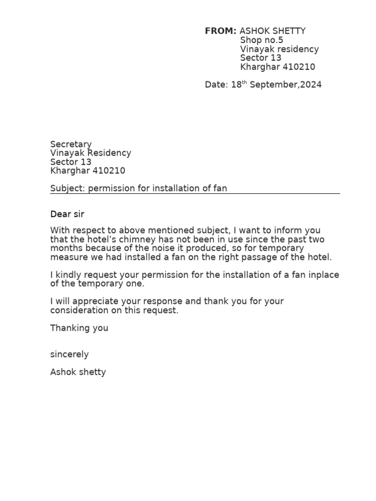 Request for Fan Installation Permission | PDF